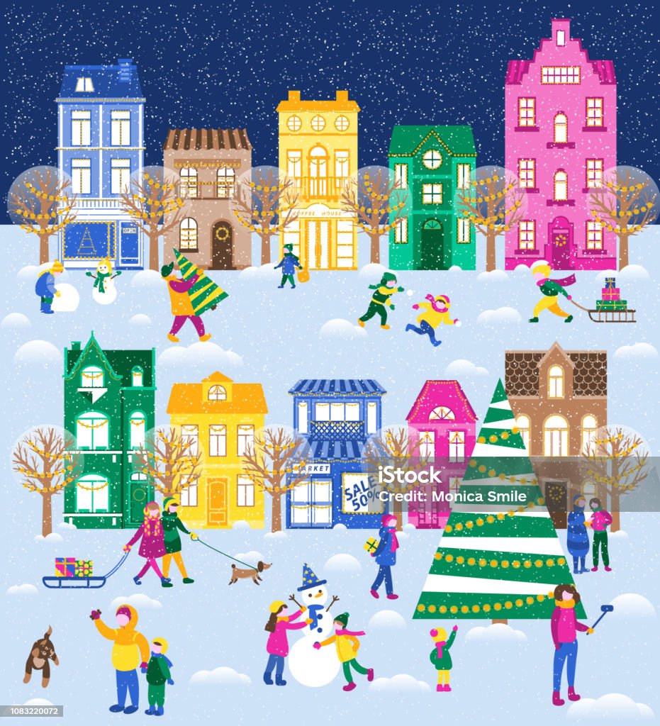 Christmas big set Large festive set with a winter city. People are preparing for Christmas. Children enjoy winter, sledding, make a snowman. Christmas stock vector