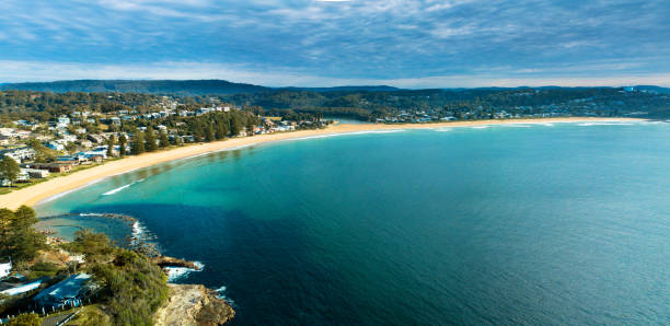 Beach panorama Panoramic views of Avoca Beach on the central coast of Australia avoca beach photos stock pictures, royalty-free photos & images