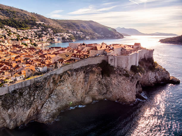 Dubrovnik old town city walls aerial view Dubrovnik old town city walls aerial view in a sunny day dubrovnik stock pictures, royalty-free photos & images