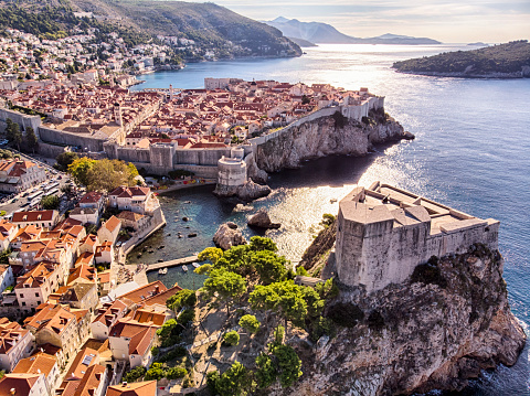 Aerial view of Saint Lawrence Fortress and Dubrovnik old town city walls