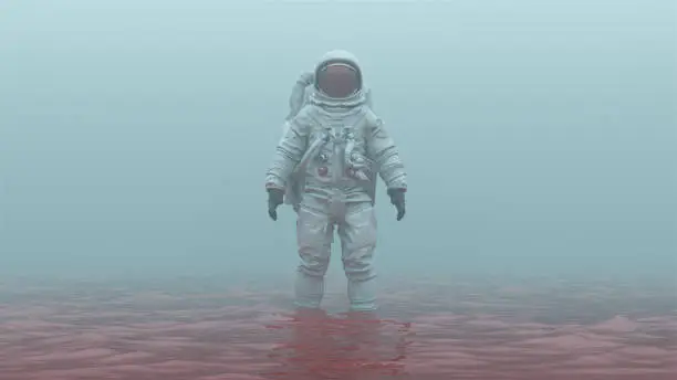 Astronaut with Red Visor Standing in Red Liquid in a Foggy Overcast Alien Environment 3d illustration 3d render
