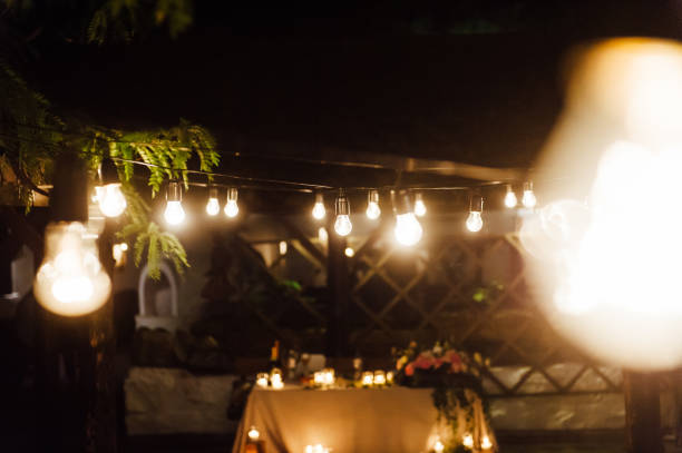 istock Light bulb decor in outdoor party. Wedding 1083241306