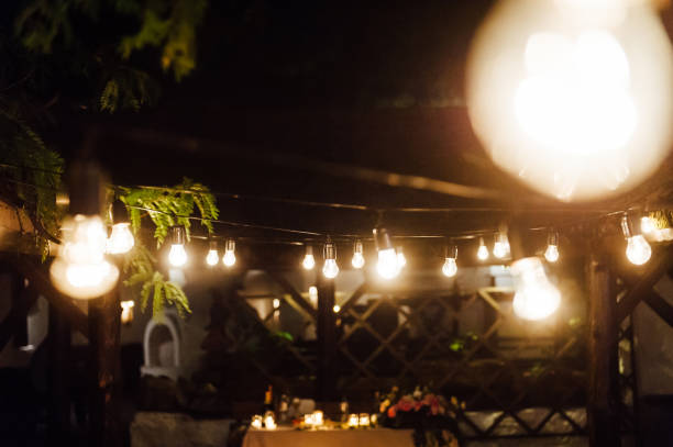 istock Light bulb decor in outdoor party. Wedding 1083241314