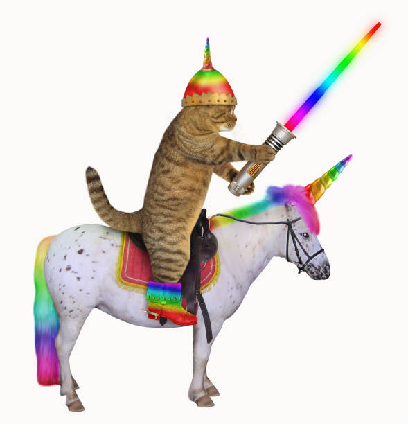 Cat alien rides the unicorn The cat alien in a helmet with horn and color boots with a glowing sword is riding the real unicorn. White background. sword photos stock pictures, royalty-free photos & images
