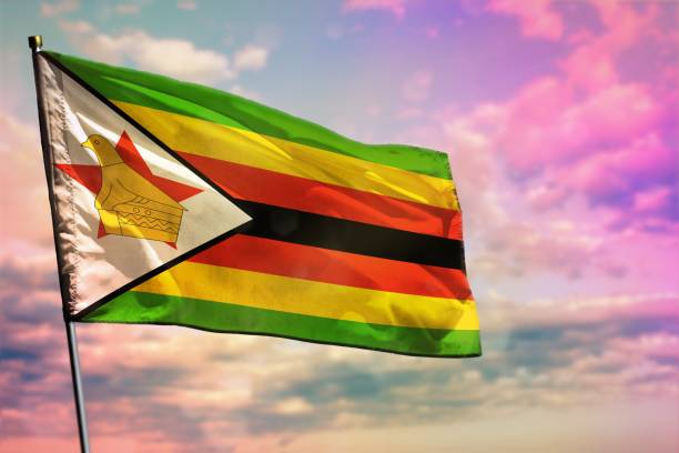 istock Fluttering Zimbabwe flag on colorful cloudy sky background. Prosperity concept. 1083245704