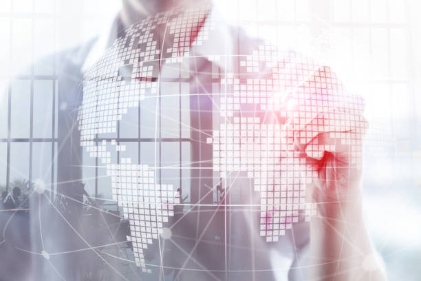istock 3D Earth hologram on blurred background.Global business and communication concept. 1083248640