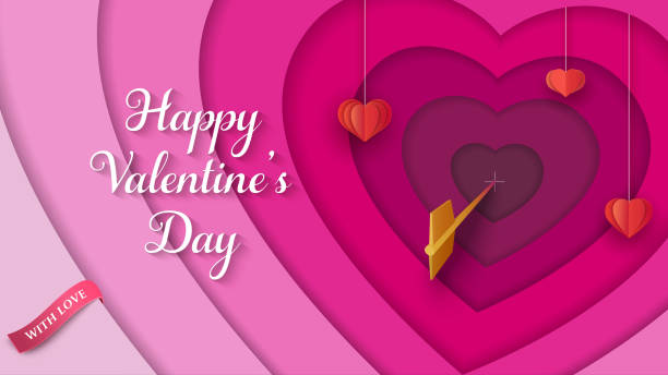ilustrações de stock, clip art, desenhos animados e ícones de layered 3d colorful background with hanging paper red hearts, golden arrow, pink ribbon. valentine's day background with a heart target with an arrow. paper cut heart tunnel. vector illustration. - vector valentine card craft valentines day