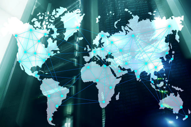 istock Internet and telecommunication concept with world map on server room background. 1083249068