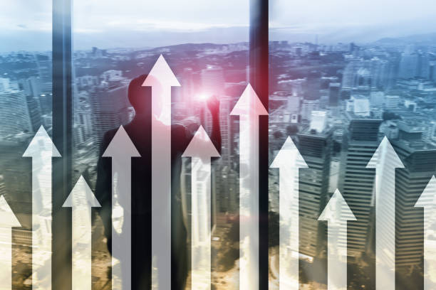 istock Up arrow graph on skyscraper background. Invesment and financial growth concept. 1083250442