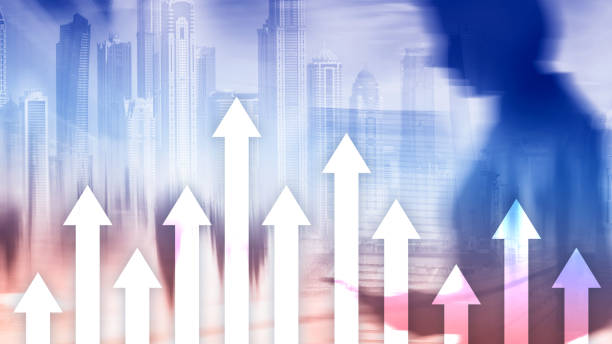 istock Up arrow graph on skyscraper background. Invesment and financial growth concept. 1083250478