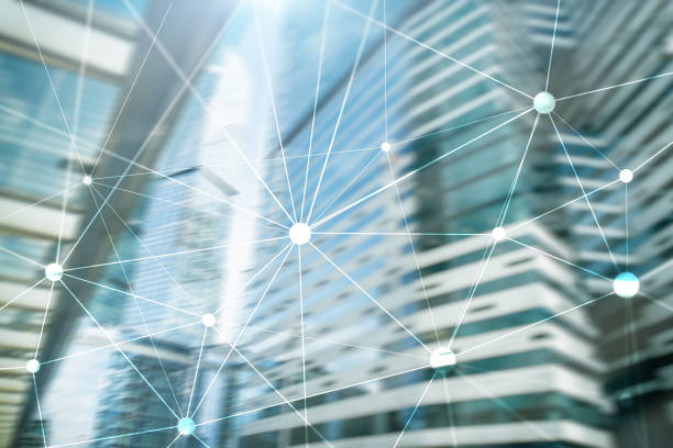 istock Blockchain network on blurred skyscrapers background. Financial technology and communication concept. 1083250544