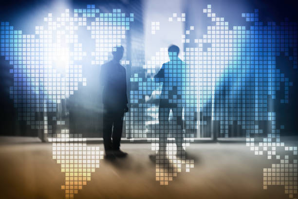 istock Double exposure world map on skyscraper background. Communication and global business concept. 1083250786