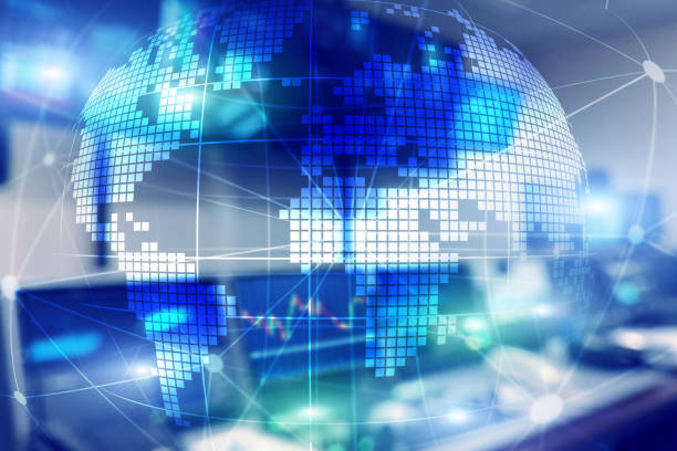 istock 3D Earth hologram on blurred background.Global business and communication concept. 1083250842