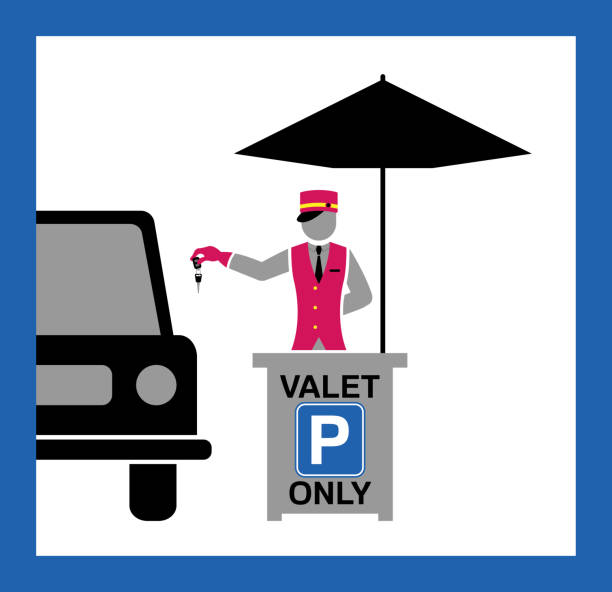 valet biurko i parasol sylwetka ze znakiem parkingowym - valet parking stock illustrations