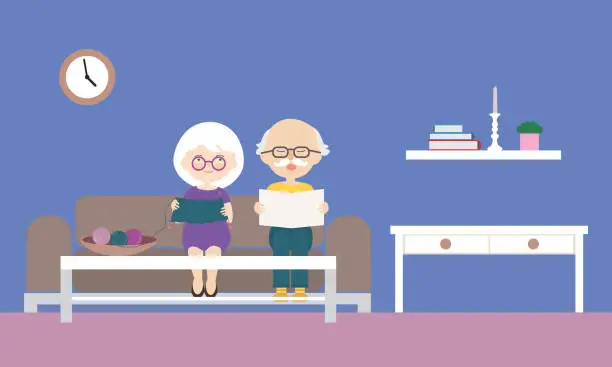 Vector illustration of Flat design cartoon illustration of grandfather and grandmother sitting on sofa, reading newspaper and knitting sweater. With a purple wall with clock and a candleholder in the background. - vector