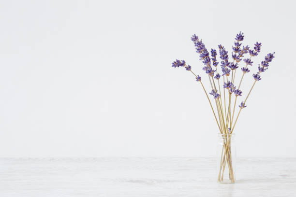 istock Dried purple lavender in vase on table at light gray wall. Mockup for positive idea. Empty place for inspirational, emotional, sentimental text, quote or sayings. Front view. 1083261842