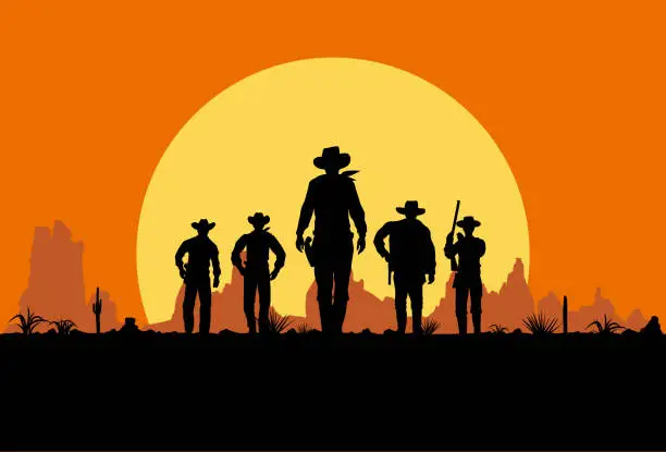 Vector illustration of Silhouette of five cowboys walking forward banner