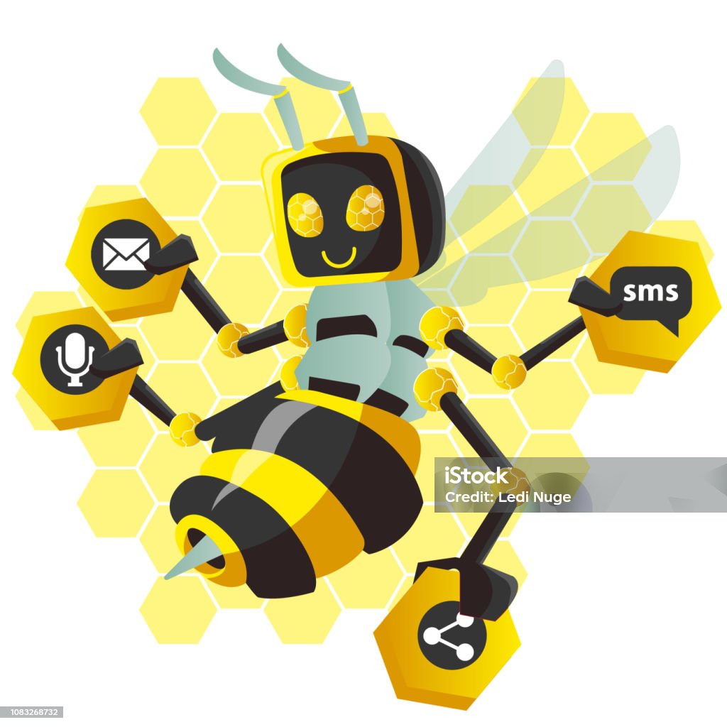 Yellow Bee Robot Holding Message, Share, SMS, and Mic Icon Bee stock vector