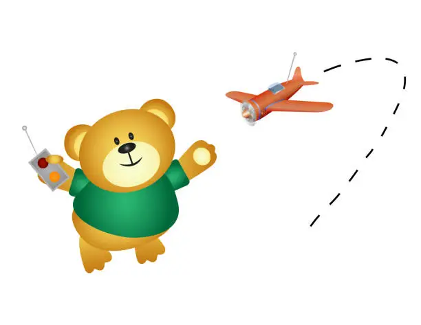Vector illustration of Little bear playing with his airplane remote control