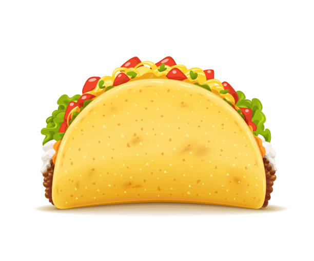 Tacos with meat and vegetable. Traditional mexican fast-food Tacos with meat and vegetable. Traditional mexican fast-food. Taco Mexico food with tortilla, leaves lettuce, cheese, tomato, forcemeat, sauce. Isolated white background. EPS10 vector illustration. tacos stock illustrations