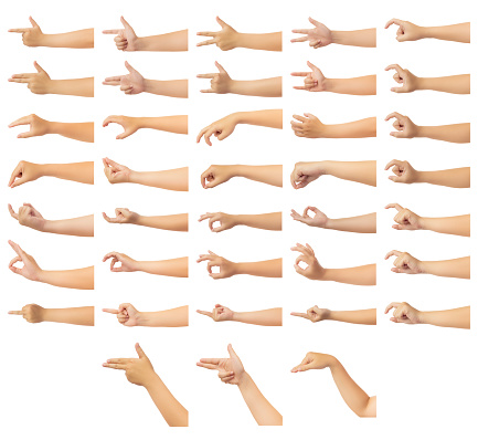 Set of human hand in multiple gesture isolate on white background with clipping path, Low contrast for retouch or graphic design