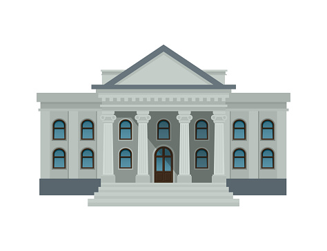 Bank building facade, university or government institution. Public building with high columns isolated on white background
