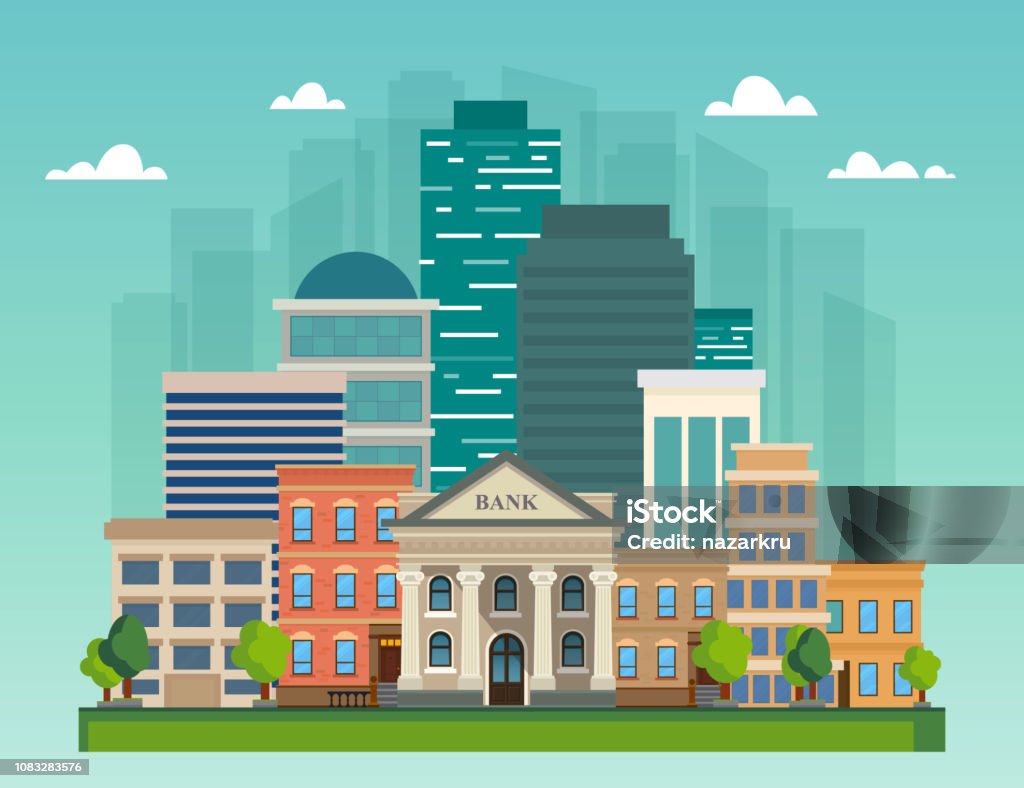 Flat vector illustration cityscape. City skyline office buildings, bank and family houses. Cityscape. City skyline office buildings, bank and family houses. Bank - Financial Building stock vector