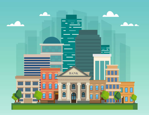 Flat vector illustration cityscape. City skyline office buildings, bank and family houses. Cityscape. City skyline office buildings, bank and family houses. bank financial building silhouettes stock illustrations