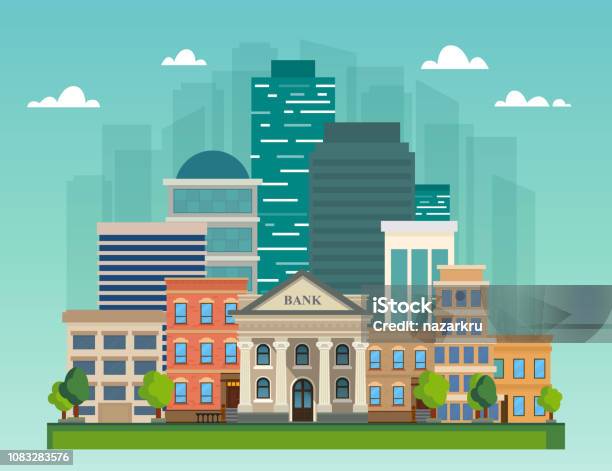 Flat Vector Illustration Cityscape City Skyline Office Buildings Bank And Family Houses Stock Illustration - Download Image Now