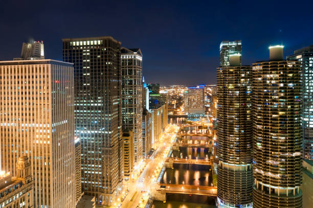 istock Chicago - Aerial View of Downtown and River at Twilight 108328480