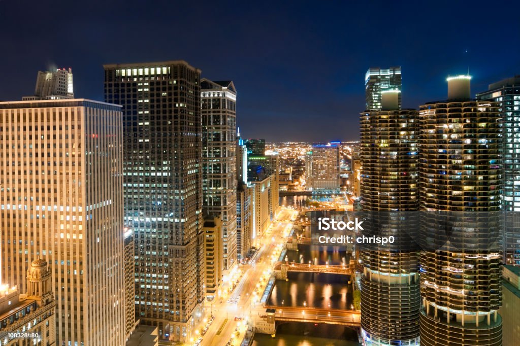 Chicago - Aerial View of Downtown and River at Twilight  Aerial View Stock Photo