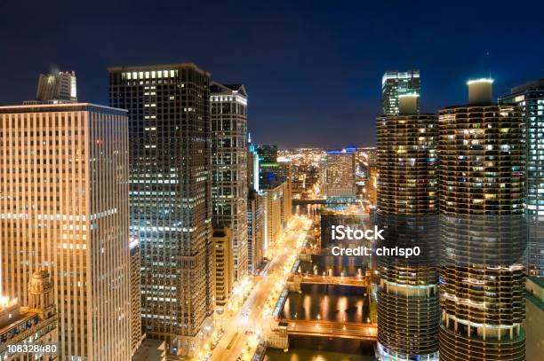 Chicago Aerial View Of Downtown And River At Twilight Stock Photo - Download Image Now