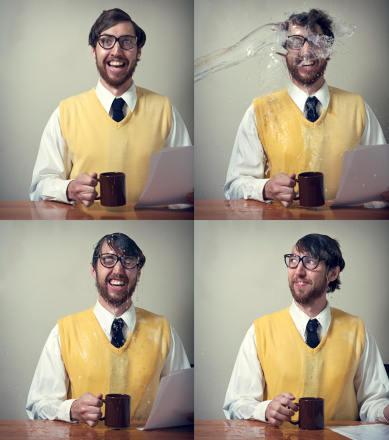 A sequence of images depicting a vintage looking 1970's business man sitting at his desk when suddenly he is doused with a large splash of water.