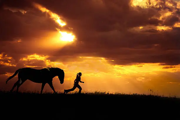 Photo of Horse And Girl Running At Sunset