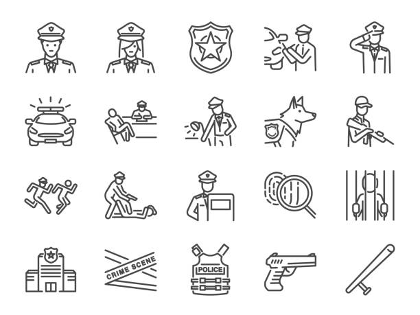 polizei linie icon-set. die symbole als polizist, waffe, verdächtigen, verhaftung, gerechtigkeit und mehr enthalten. - computer software flash stock-grafiken, -clipart, -cartoons und -symbole