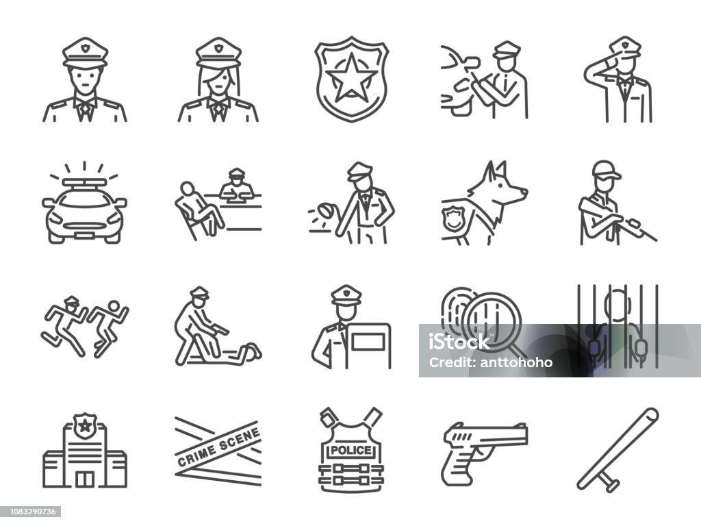 Police line icon set. Included the icons as cop, weapon, suspects, arrest, justice and more. Icon Symbol stock vector