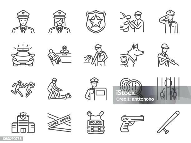 Police Line Icon Set Included The Icons As Cop Weapon Suspects Arrest Justice And More Stock Illustration - Download Image Now