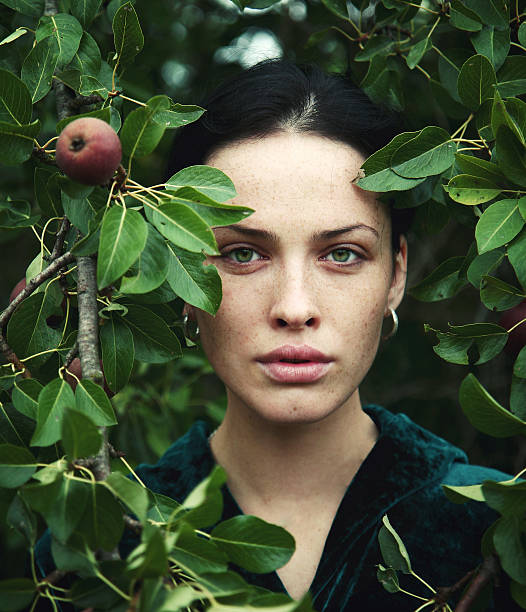 The girl and an apple-tree stock photo