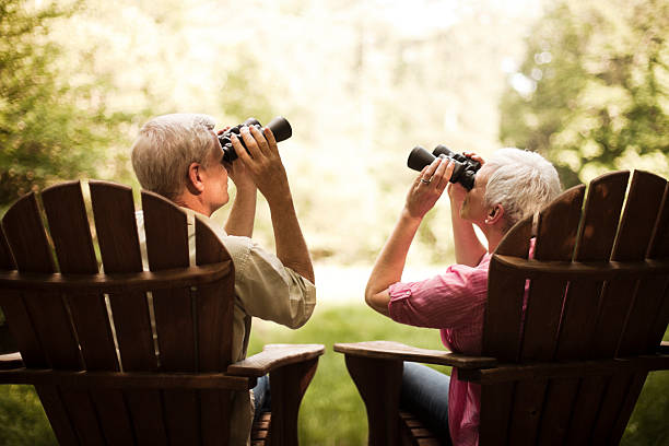 casal idoso birdwatching sobre um pavimento de madeira - forest sitting men comfortable imagens e fotografias de stock