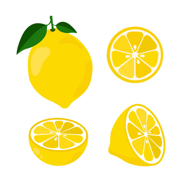 illustrazioni stock, clip art, cartoni animati e icone di tendenza di icona set limone, illustrazione vettoriale su sfondo bianco. tutto il frutto e tagliato a pezzi. agrumi. - limone