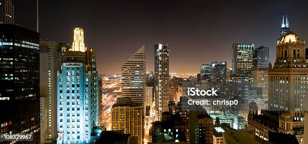 Aerial Panoramic View Of Downtown Chicago At Night Stock Photo - Download Image Now