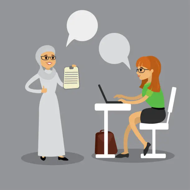 Vector illustration of Two business women talking,caucasian office manager and arab bos