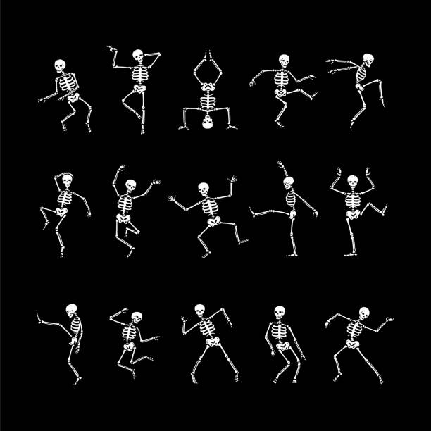 Skeleton dance vector set Human skeletons in different poses dancing stock illustrations