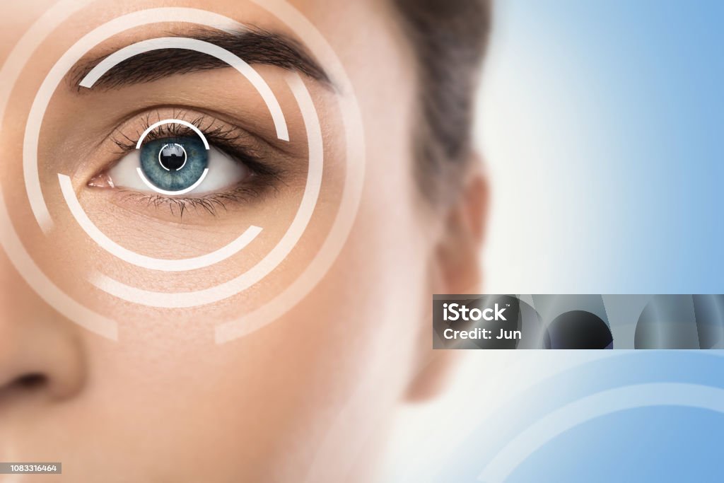 Concepts of laser eye surgery or visual acuity check-up Close-up of female eye. Concepts of laser eye surgery or visual acuity check-up Eye Stock Photo