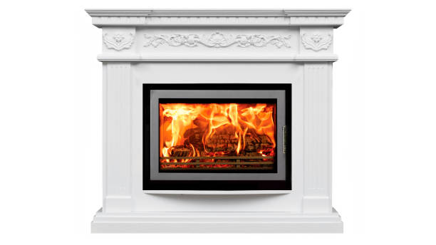 istock Burning classic fireplace of white marble. Isolated on white 1083319414
