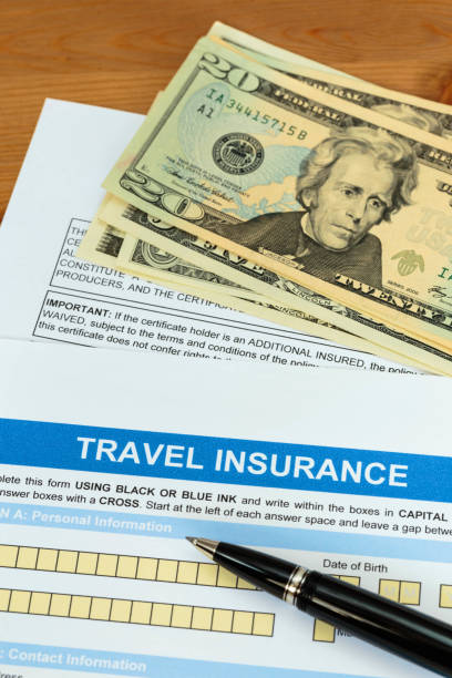 istock Travel insurance application form with banknote and pen 1083321046
