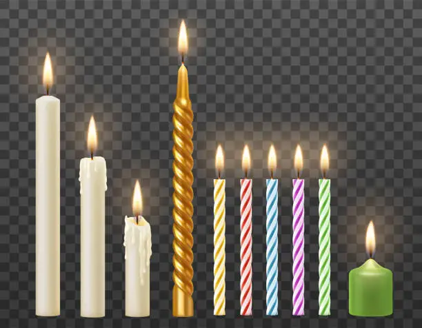 Vector illustration of Vector set of 3d realistic burning white candles, birthday party cake colorful twisted candles.