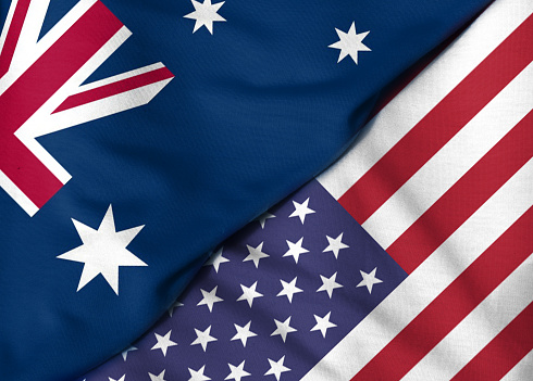 Two flags. 3D. United States and Australia.