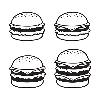 Hand drawn burger sketch set. Simple, double and triple cheeseburger. Black and white vector illustration.