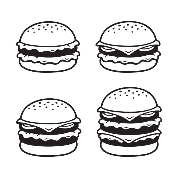Hand drawn burger set Hand drawn burger sketch set. Simple, double and triple cheeseburger. Black and white vector illustration. burger stock illustrations